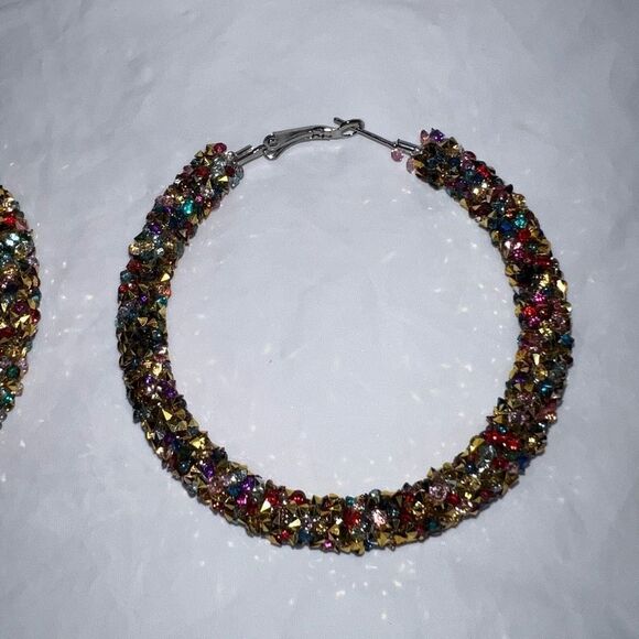 Gold and Multicolored Chunky Sparkle Hoop Earrings - Picture 3 of 7